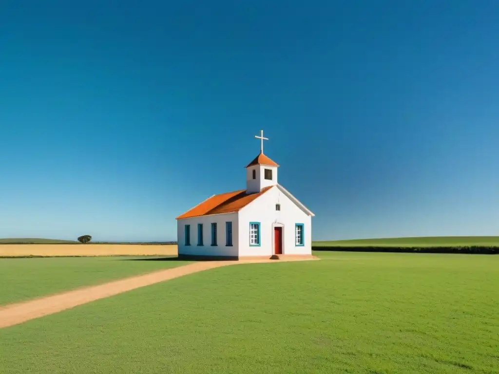 Escuela rural en Uruguay, rodeada de campos verdes, bajo cielo azul