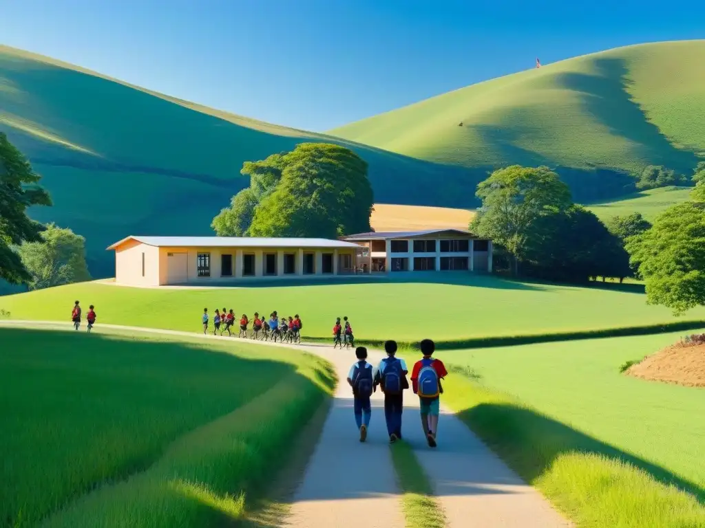 Escuela rural rodeada de naturaleza, alumnos diversos caminan hacia ella