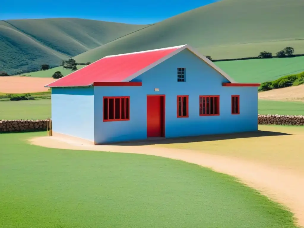 Una escuela rural en Uruguay, rodeada de verdes colinas y cielo azul