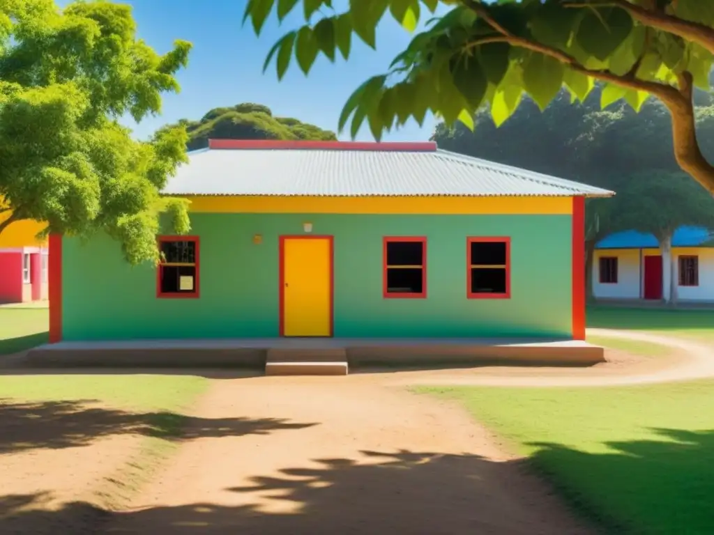 Escuela preescolar rural en Uruguay: niños jugando bajo el sol, edificio sencillo con carteles educativos y campo verde sereno