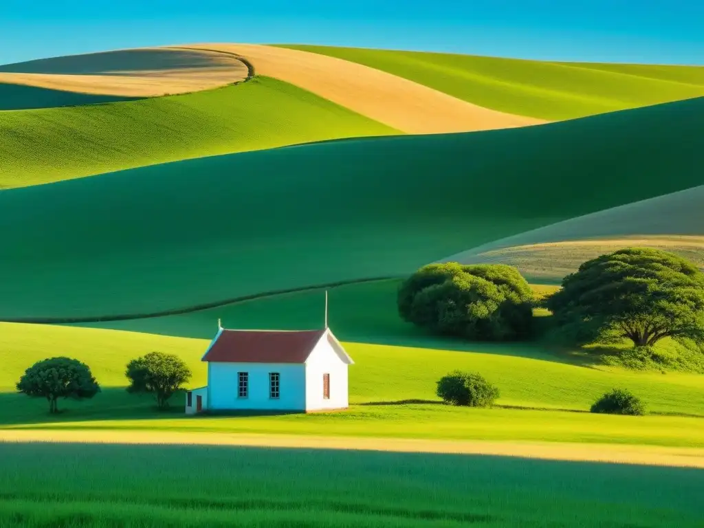 Escuela rural tradicional entre verdes colinas en Uruguay, capturando la belleza de la educación en áreas rurales