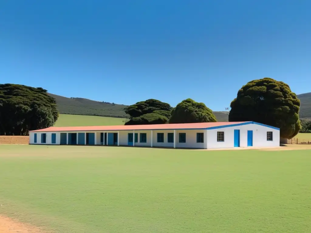 Escuela rural en Uruguay, campos verdes y cielo azul