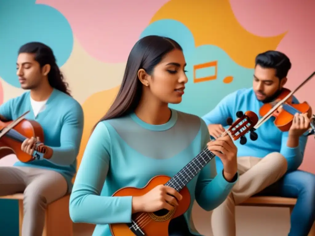 Implementación de música en escuelas de Uruguay: estudiantes diversos tocando instrumentos en clase de música