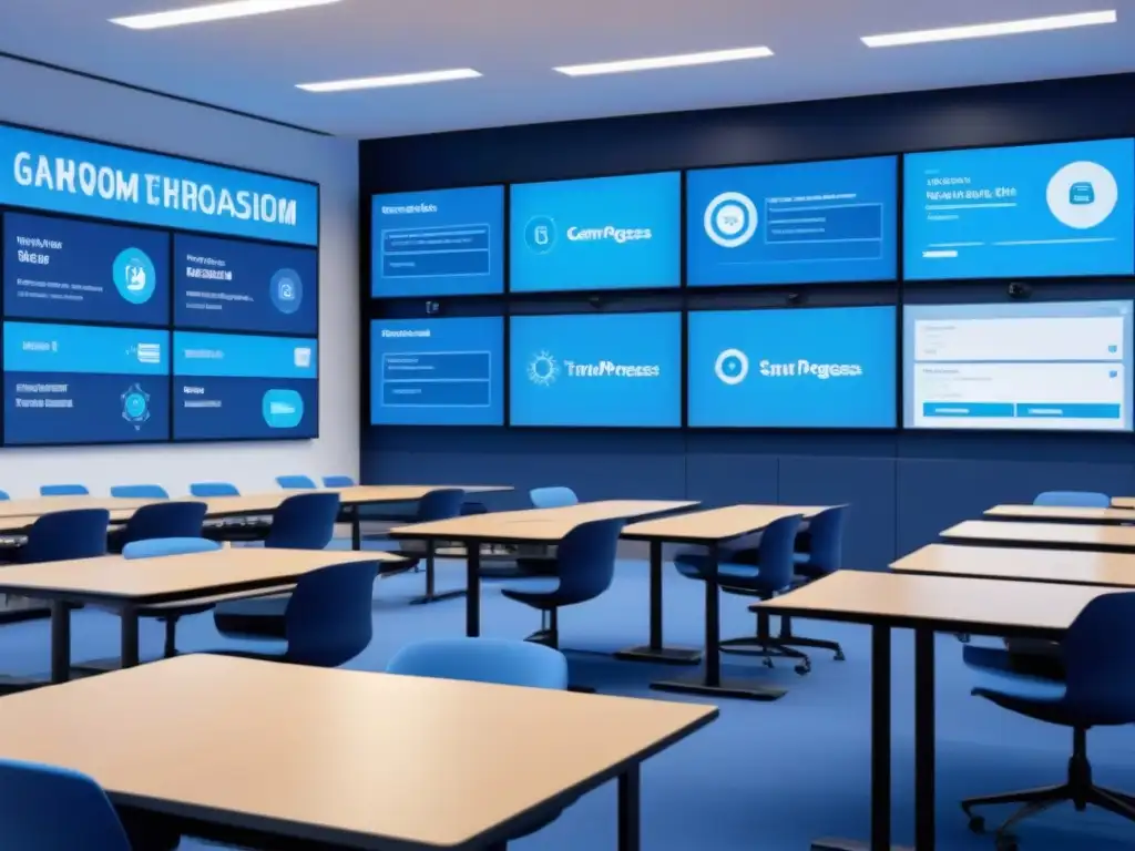 Escuelas líderes en gamificación educativa: aulas virtuales innovadoras con elementos interactivos y futuristas en azul y blanco