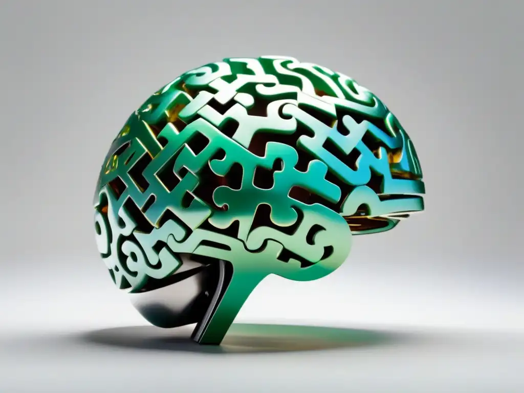 Escultura cerebral futurista de piezas de rompecabezas entrelazadas, simbolizando el desarrollo cognitivo innovador con arte