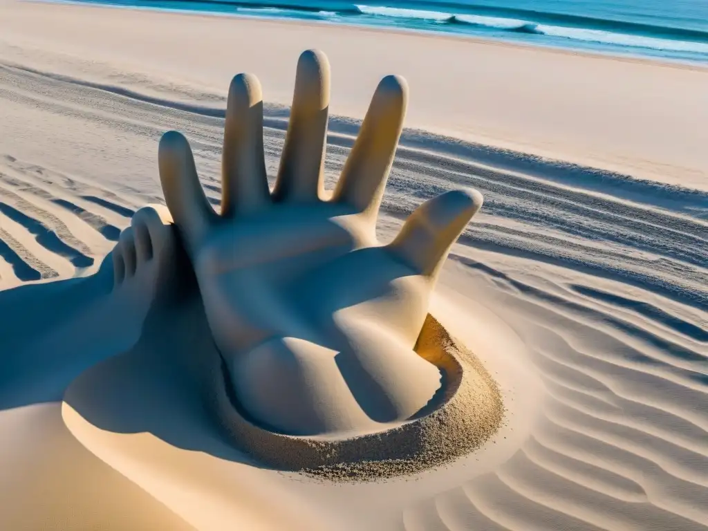 Escultura de La Mano en Punta del Este: detalle y contraste Escultura de La Mano en Punta del Este, Uruguay, simbolizando la interacción humana con la naturaleza