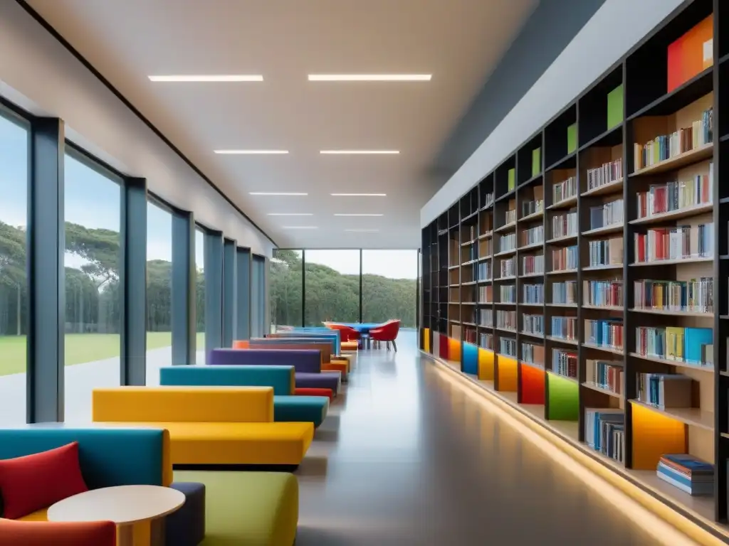 Un espacio acogedor y moderno en una biblioteca escolar en reformas educativas en Uruguay, con libros coloridos y luz natural