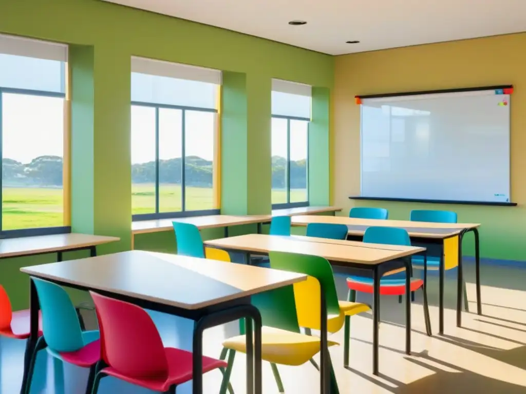 Espacio de aula sereno en Uruguay con moderna pizarra blanca, mobiliario ergonómico y ventana con vista a patio verde