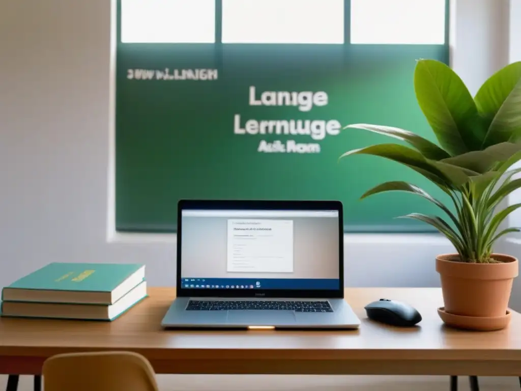 Espacio de clase minimalista en Uruguay con escritorio moderno, libros de idiomas y planta, iluminado suavemente por la ventana