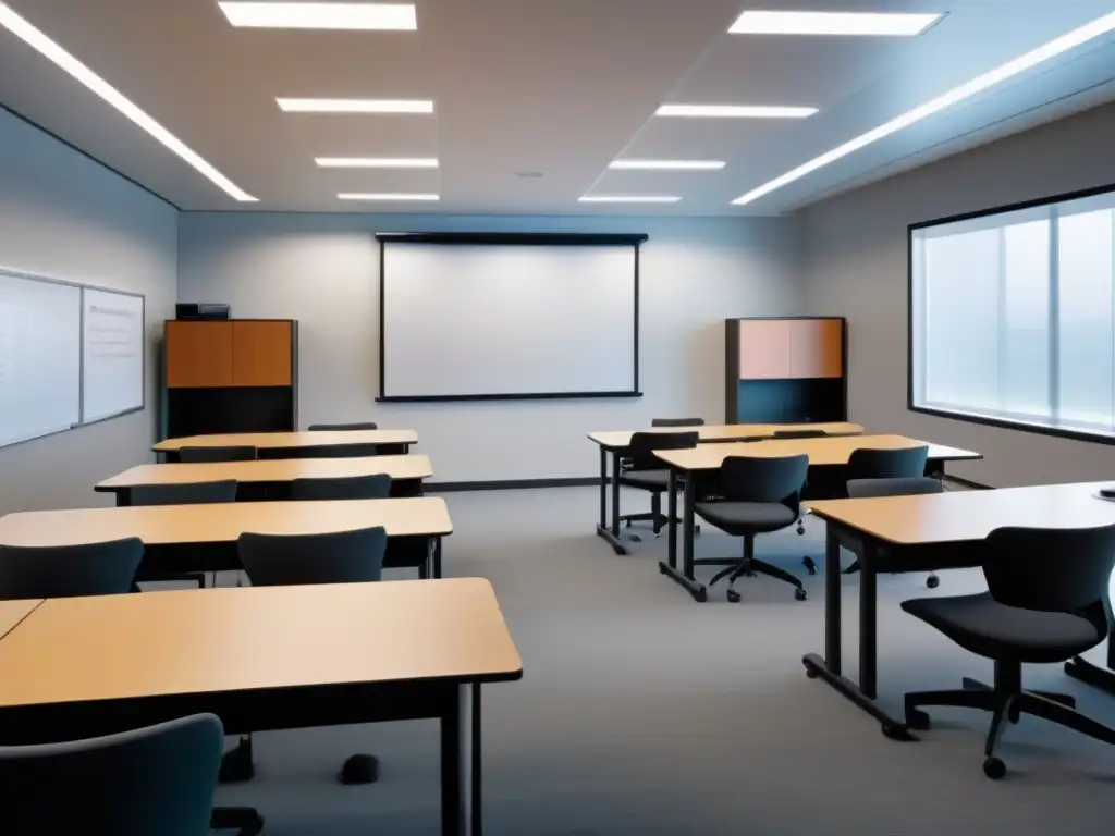 Aula híbrida: integración armoniosa de aprendizaje tradicional y digital 'Espacio educativo armonioso con mobiliario ergonómico y tecnología digital, reflejando la enseñanza híbrida en Uruguay'