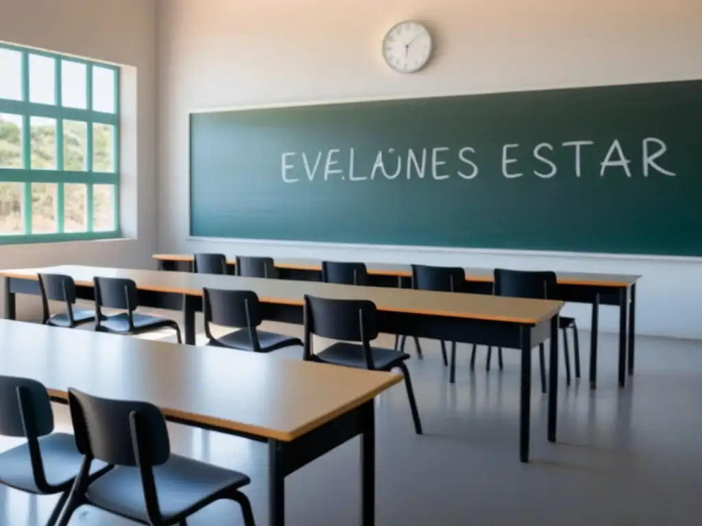 Espacio educativo en Uruguay con escritos 'Evaluaciones Estándar' y luz natural