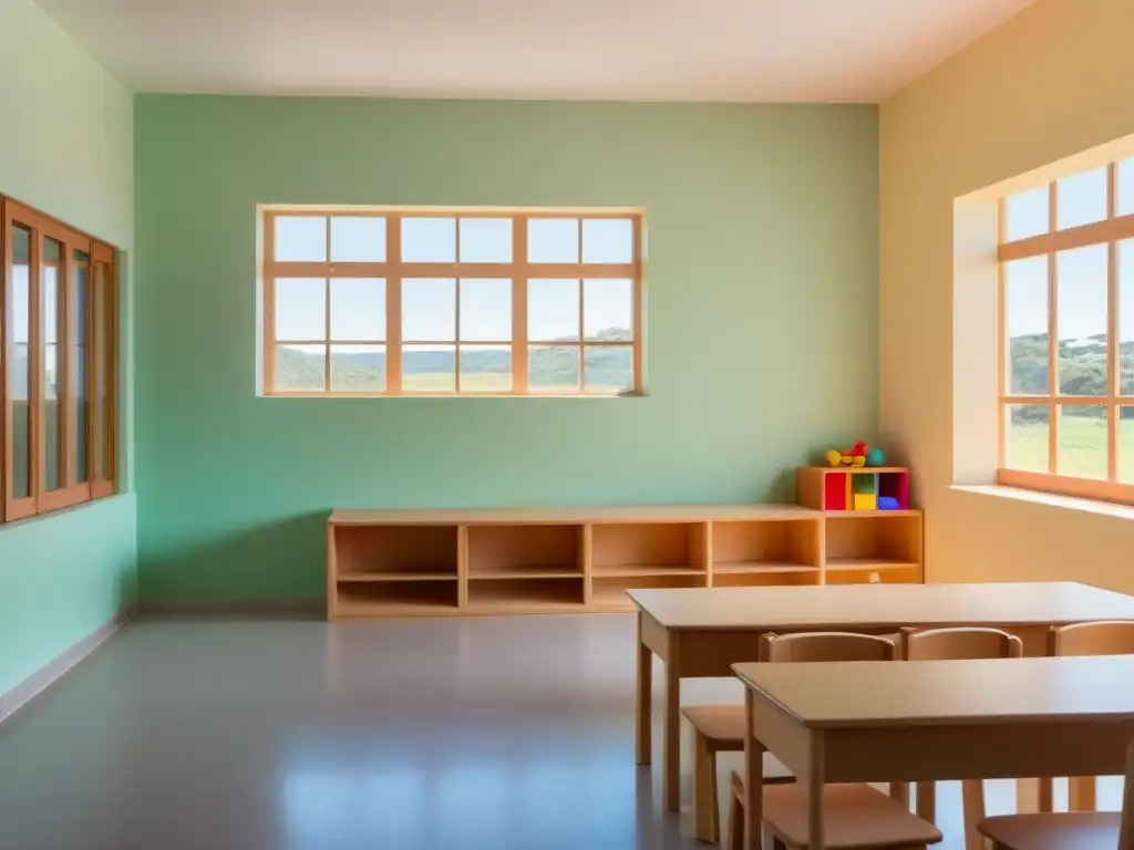 Aula serena para niños: diseño uruguayo en 8k Espacio educativo infantil en Uruguay con muebles de madera y juguetes educativos, reformas educativas desarrollo infantil Uruguay