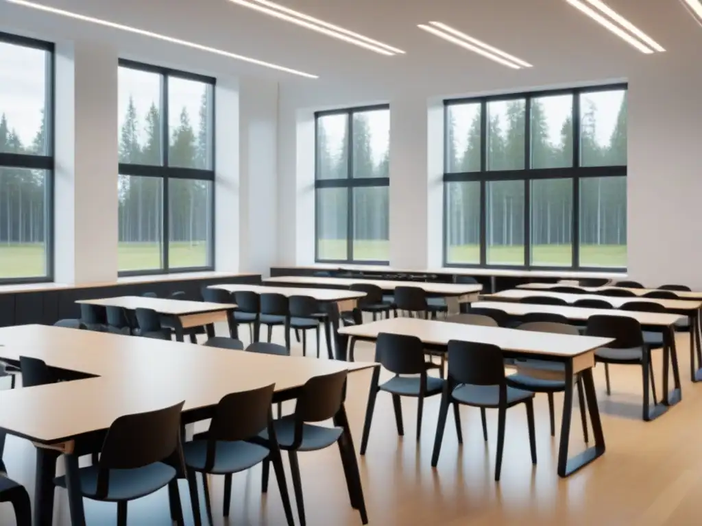 Aula moderna en Finlandia: diseño escandinavo y aprendizaje colaborativo Espacio educativo moderno en Finlandia con diseño escandinavo y alumnos colaborando