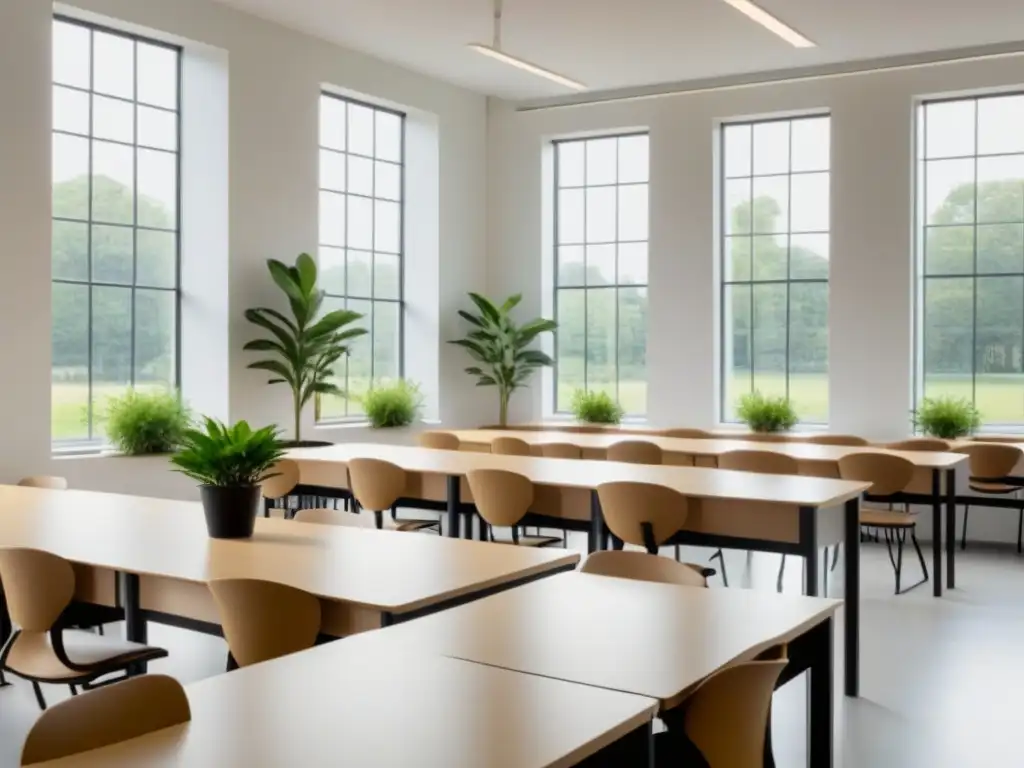 Espacio educativo tranquilo con plantas en escritorios, perfecto para bienestar estudiantil en Psicología educativa en Uruguay