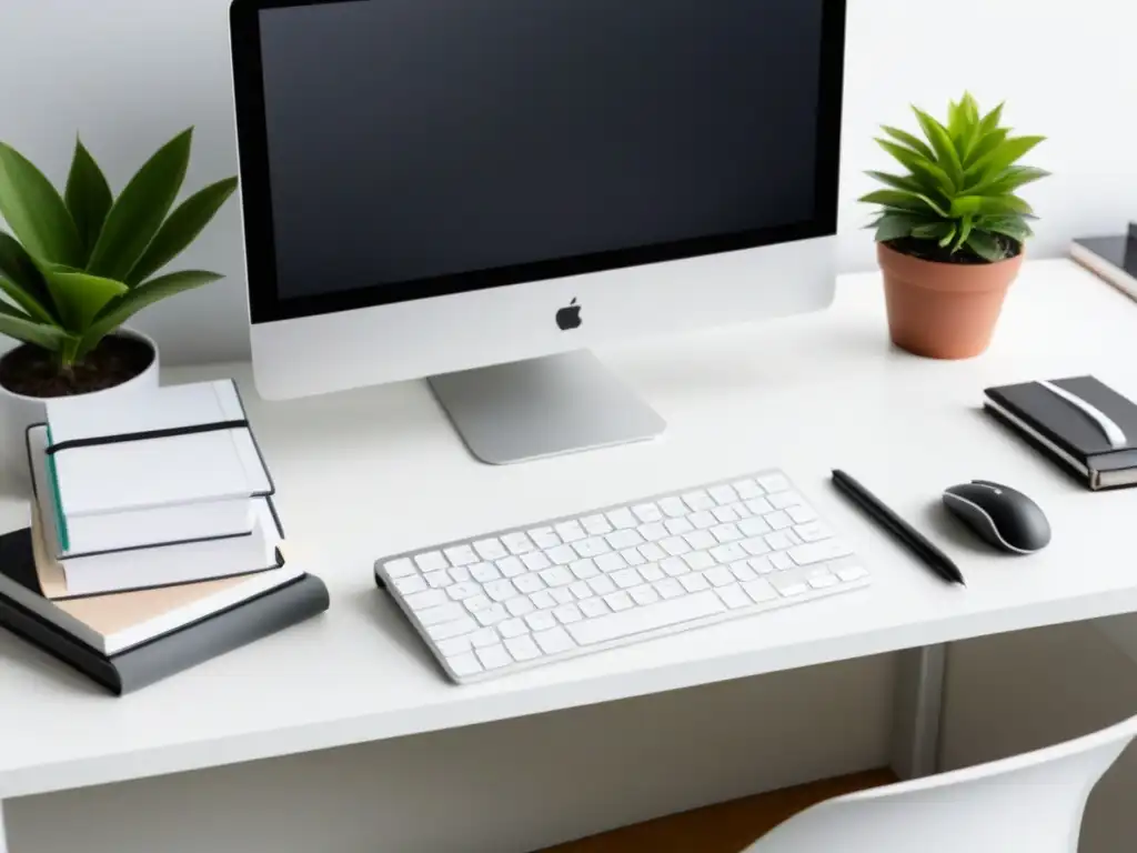 Espacio de estudio minimalista para estudiantes uruguayos Un espacio de estudio minimalista y organizado para estudiantes en Uruguay, equipado con las mejores apps de organización
