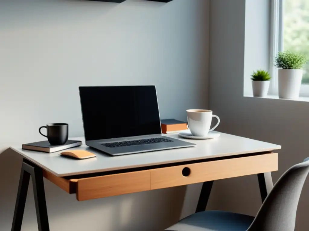 Un espacio de estudio minimalista y sereno en Uruguay, con laptop, cuadernos y café, ideal para aplicar estrategias de estudio en Uruguay