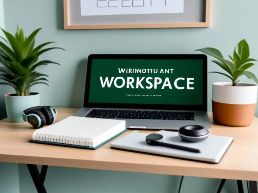 Un espacio de estudio online moderno y minimalista en Uruguay, con una laptop, cuaderno, y auriculares inalámbricos