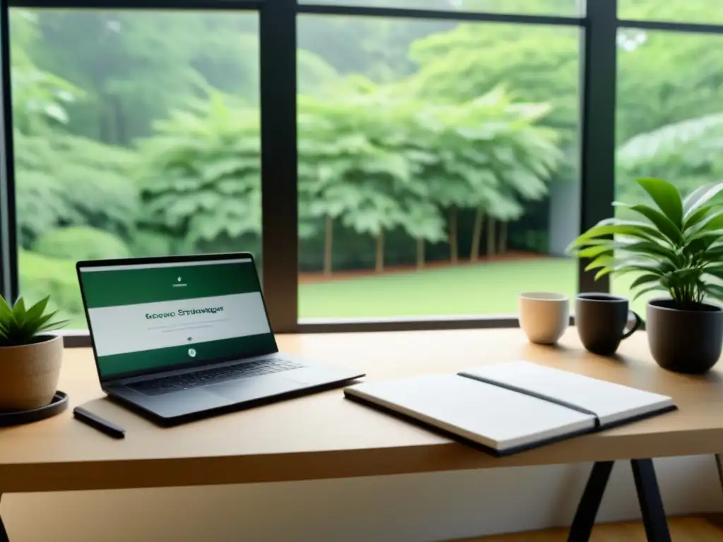 Un espacio de estudio sereno en Uruguay: un escritorio moderno con un curso online, cuaderno organizado, café y planta, bañado en luz natural