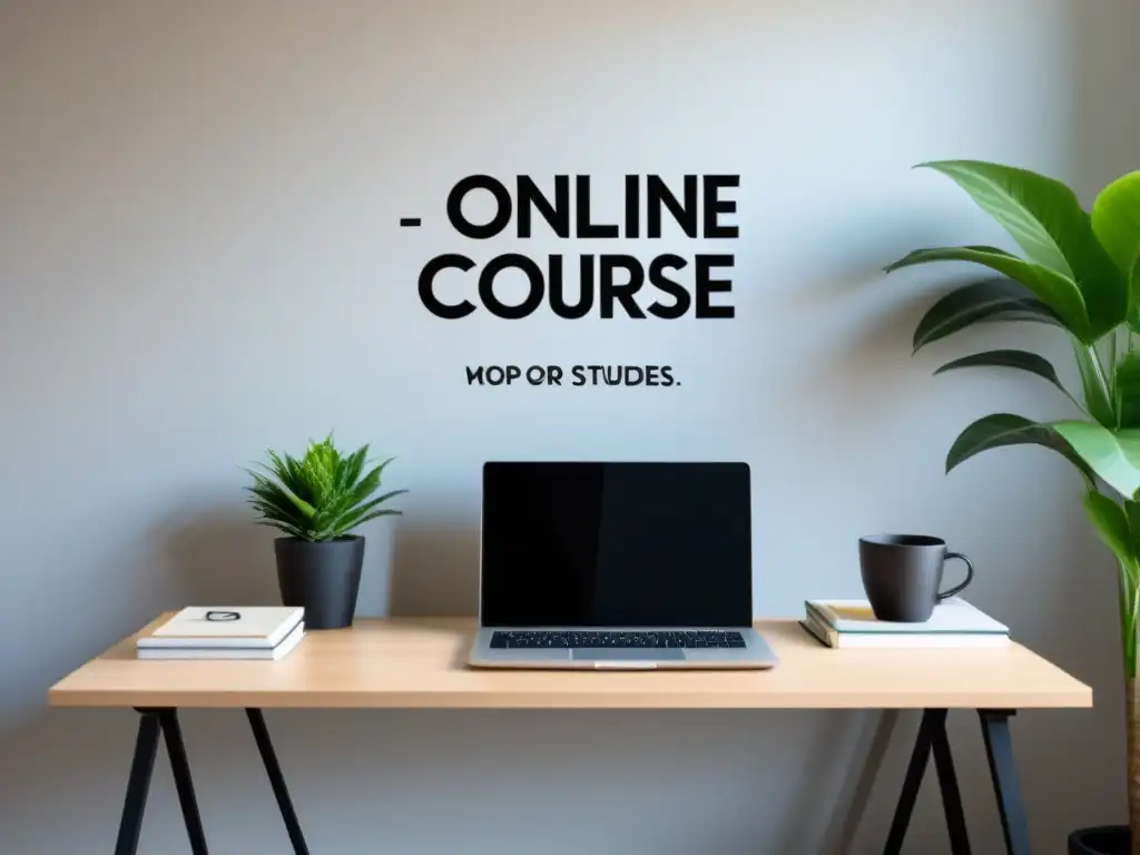 Un espacio de estudio sereno y organizado en Uruguay, con una laptop mostrando un curso online, café, planta y frase motivacional enmarcada