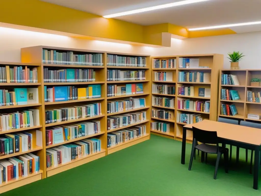 Un espacio minimalista y detallado de una biblioteca escolar moderna con libros organizados, iluminación suave y rincones acogedores