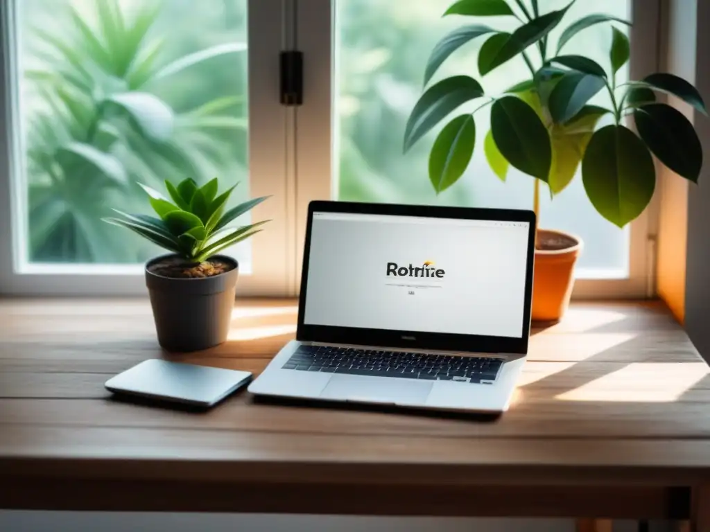 Un espacio sereno con escritorio de madera, laptop, café y planta, iluminado por luz natural