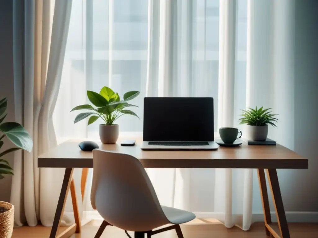 Espacio de trabajo minimalista con escritorio, planta verde, laptop y café bajo luz natural