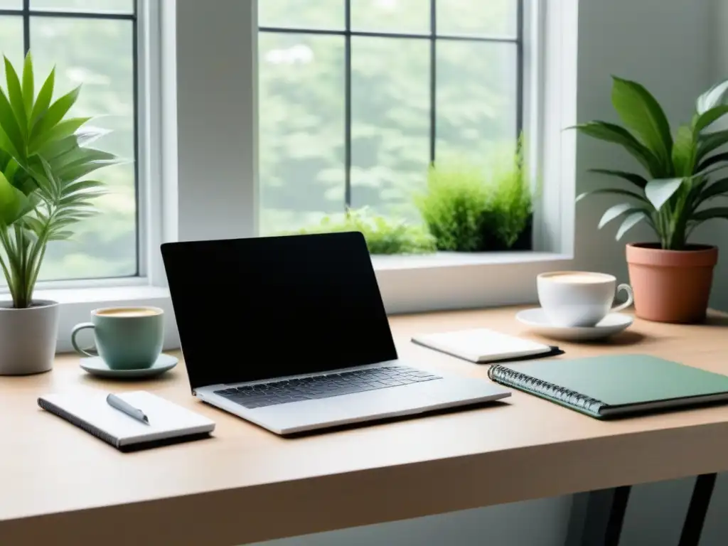 Un espacio de trabajo sereno y organizado con una elegante mesa, laptop, cuaderno y café