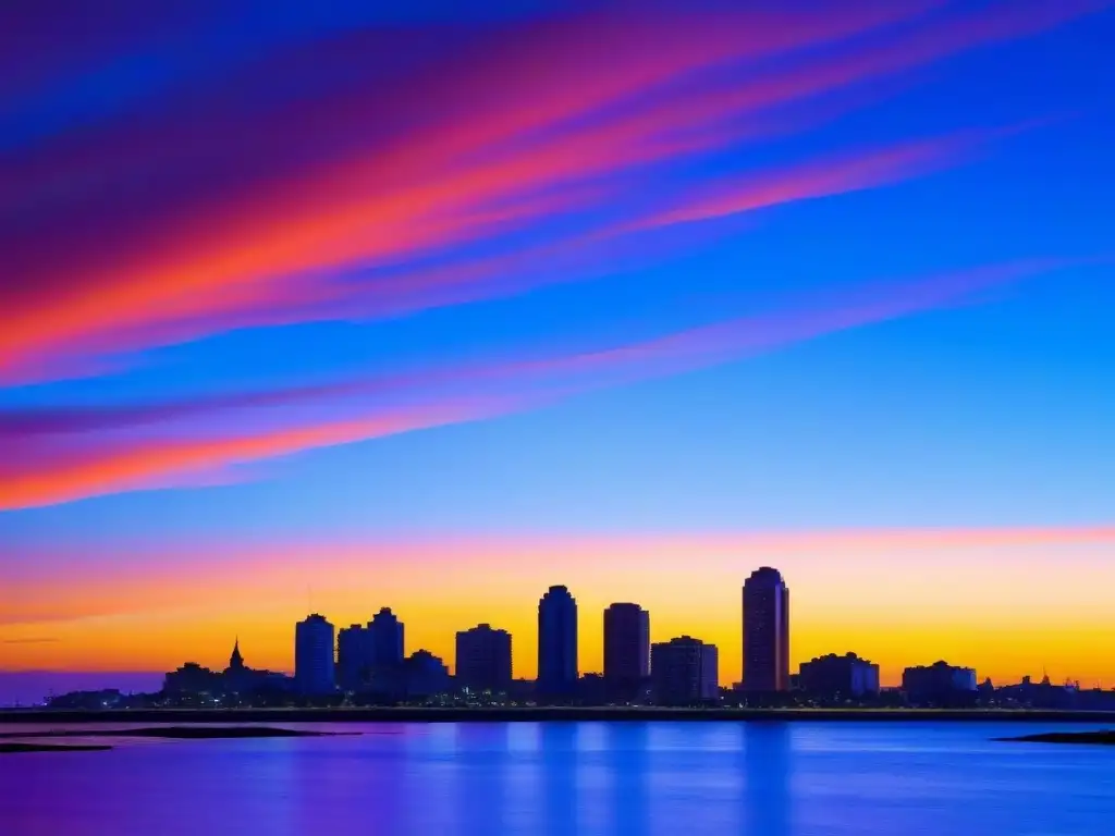 Atardecer vibrante en Montevideo: arquitectura urbana en silueta Espectacular atardecer en Montevideo, Uruguay, reflejando la internacionalización educativa en la ciudad