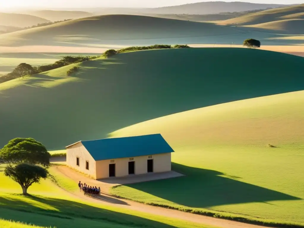 Mañana serena en escuela rural: diversidad y educación en Uruguay Espléndido amanecer en una escuela rural de Uruguay, educación rural en Uruguay futura