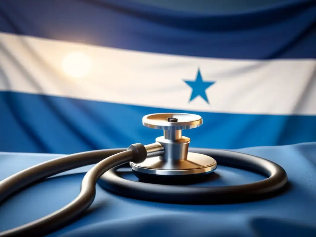 Un estetoscopio en una bandera uruguaya, simbolizando certificaciones profesionales en Salud Uruguay