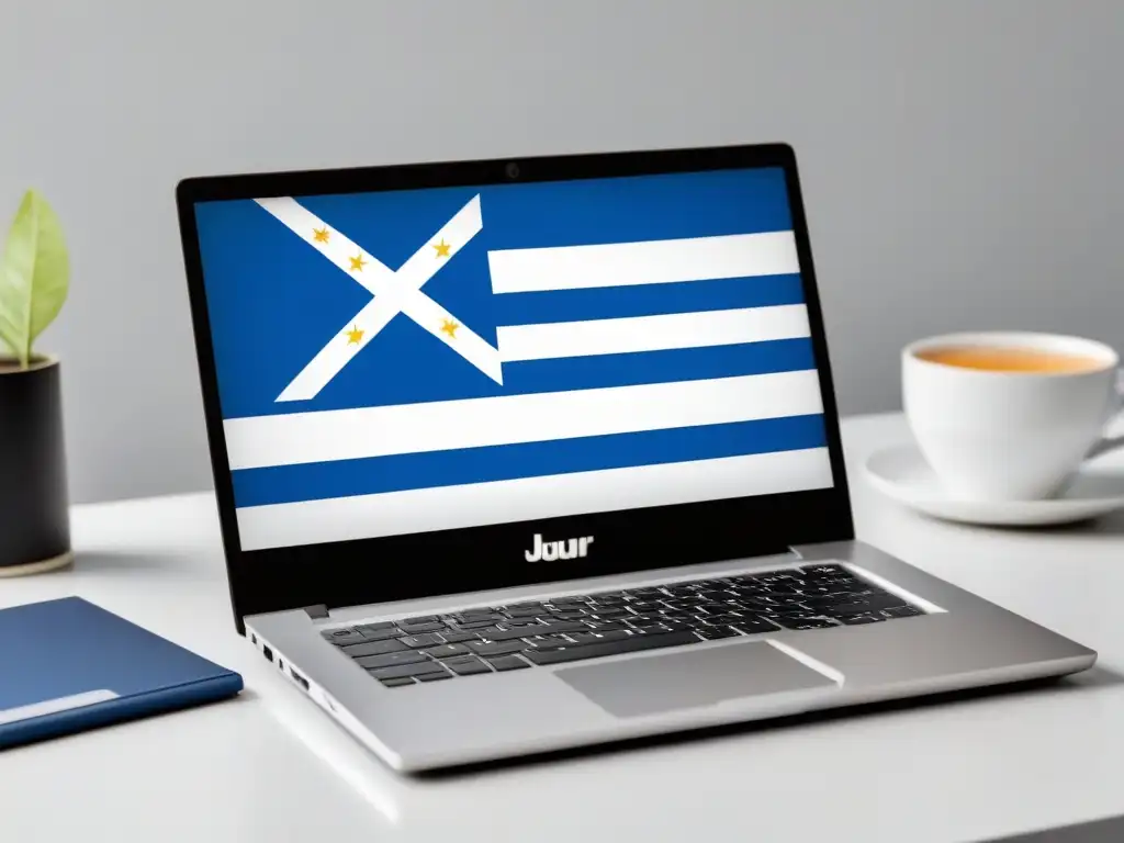 Estrategias de estudio en Uruguay: Laptop moderna con recursos educativos y mate en escritorio blanco