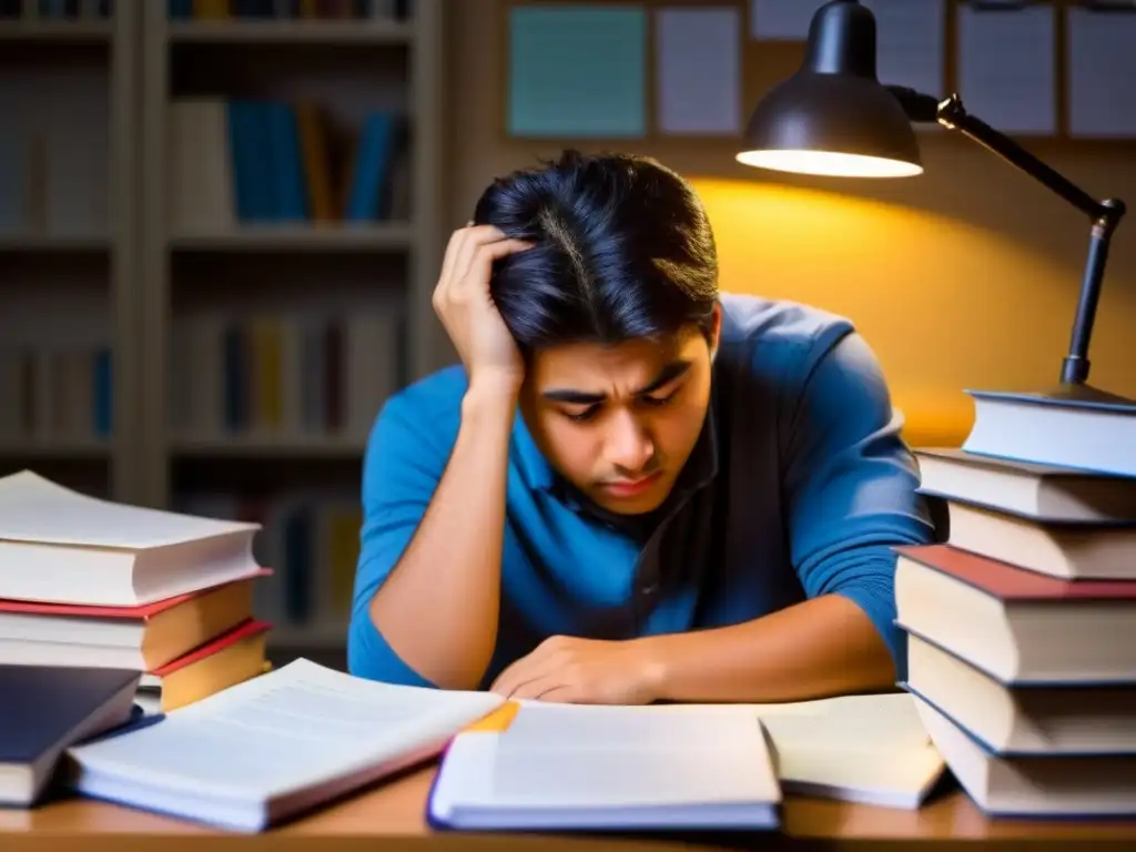 Estudiante abrumado por el estrés académico en un escritorio desordenado con libros y laptop, buscando un manejo efectivo