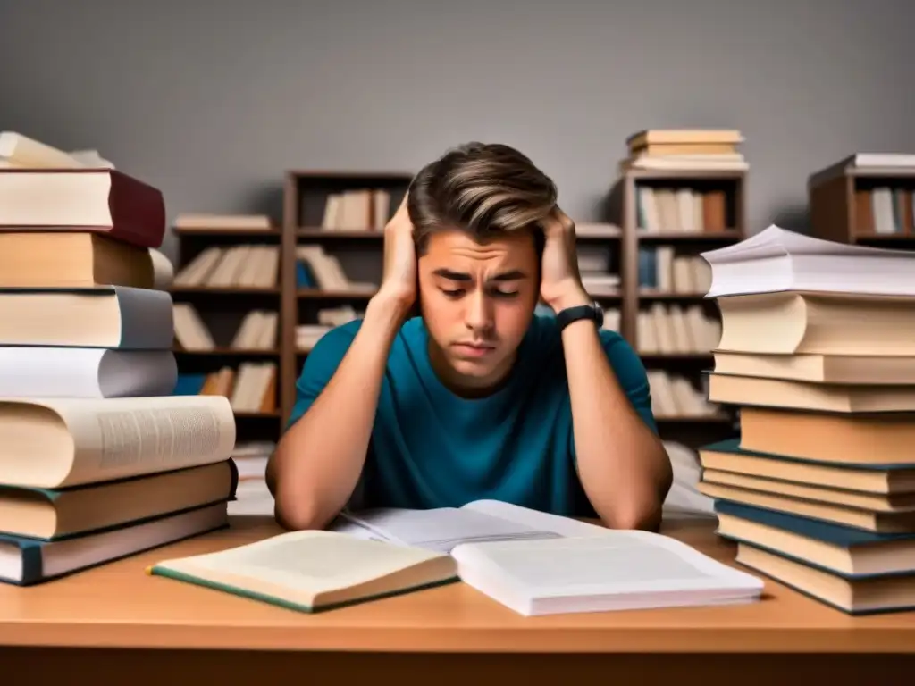 Estudiante agobiado por el burnout rodeado de libros y papeles en Uruguay