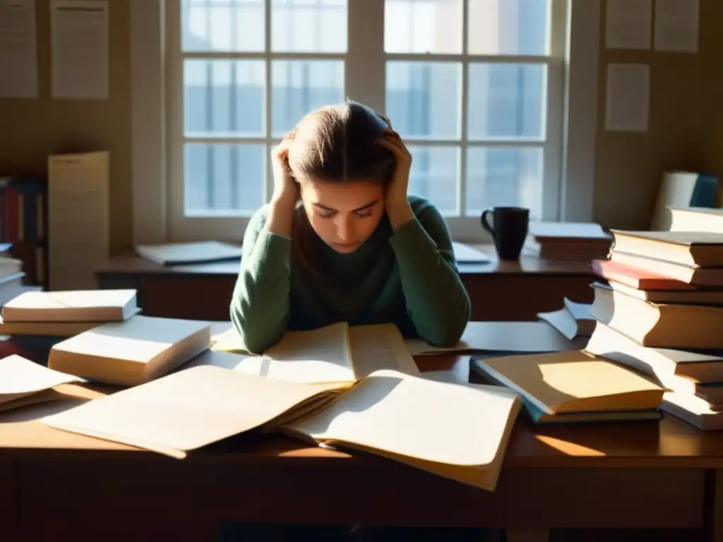 Estudiante agotado en un escritorio desordenado, libros y tazas vacías, reflejando signos de burnout estudiantil