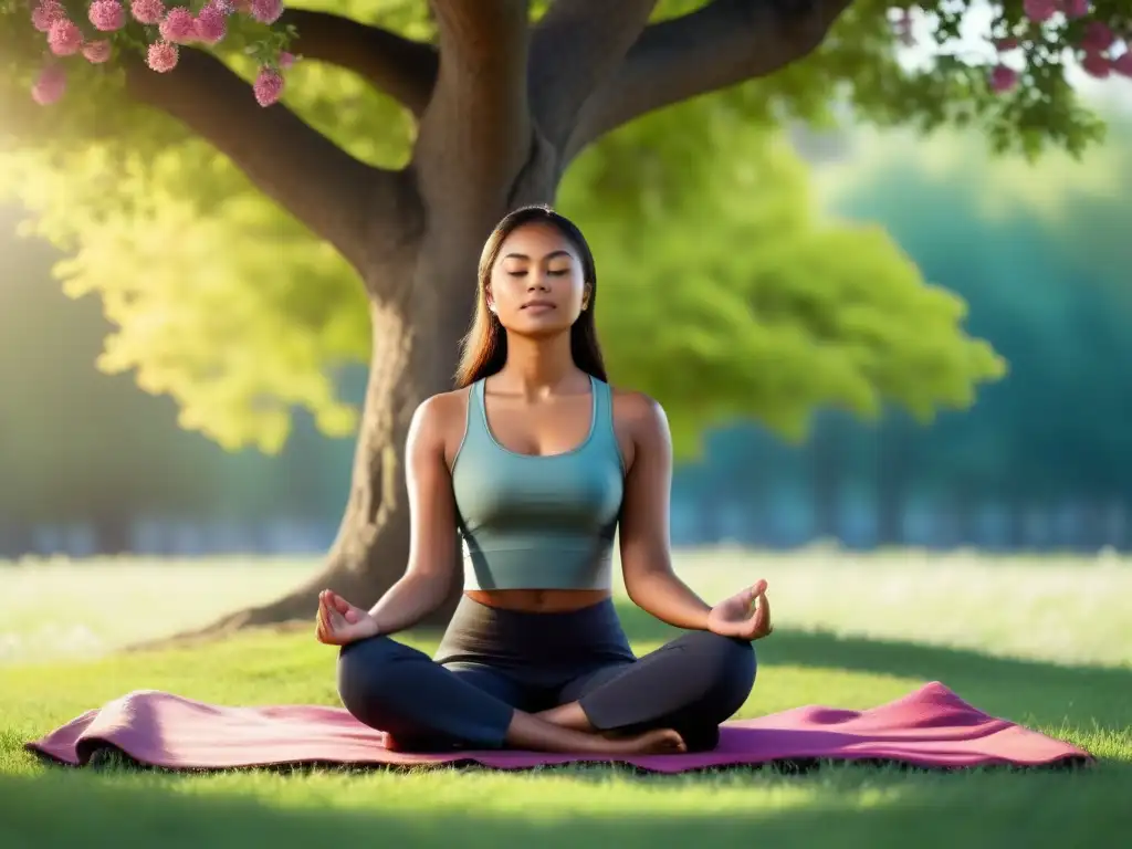 Estudiante en Uruguay meditando bajo un árbol en un campo, rodeado de flores coloridas