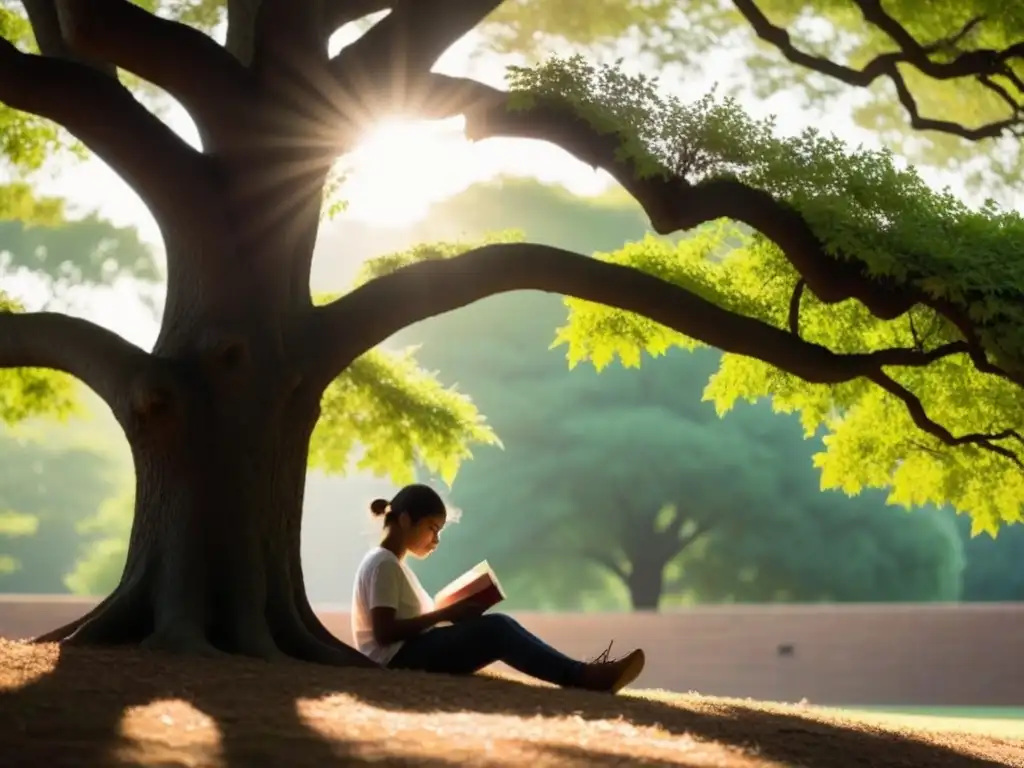 Estudiante leyendo poesía bajo un árbol, libros y versos flotando