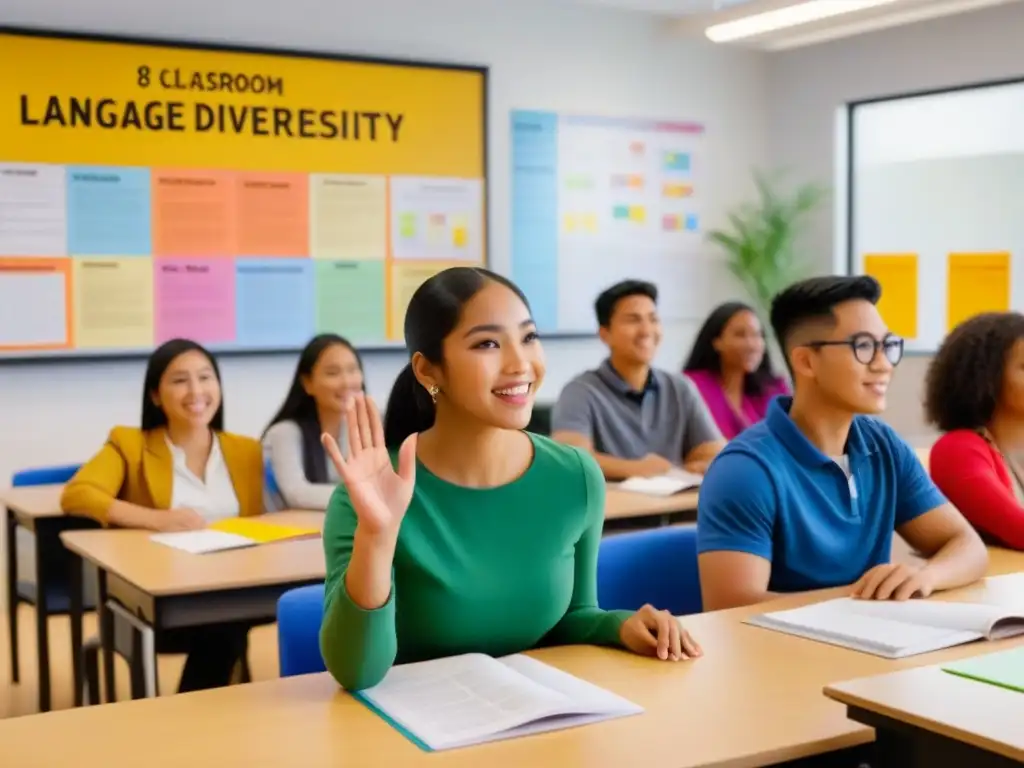 Estudiante asiático levanta la mano en aula bilingüe inclusiva con diversidad cultural