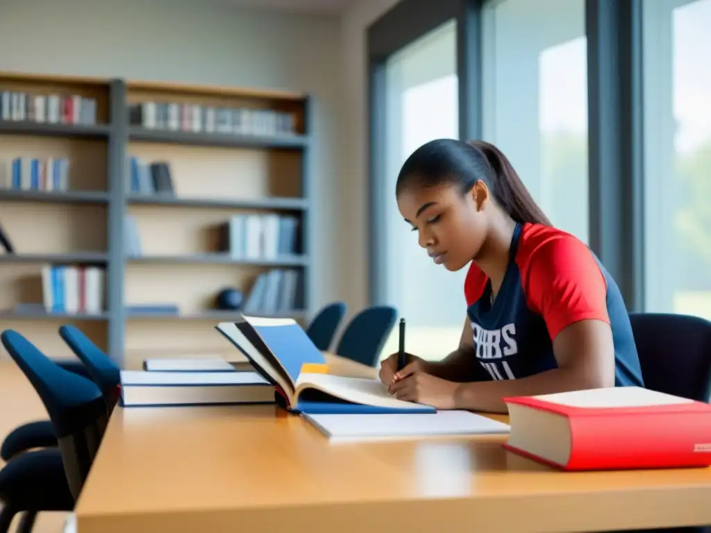 Estudiante atleta concentrado en estudio, equilibrio entre deporte y libros