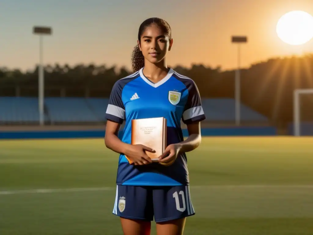 Estudiante atleta en Uruguay equilibra deporte y estudio al atardecer en una cancha de fútbol