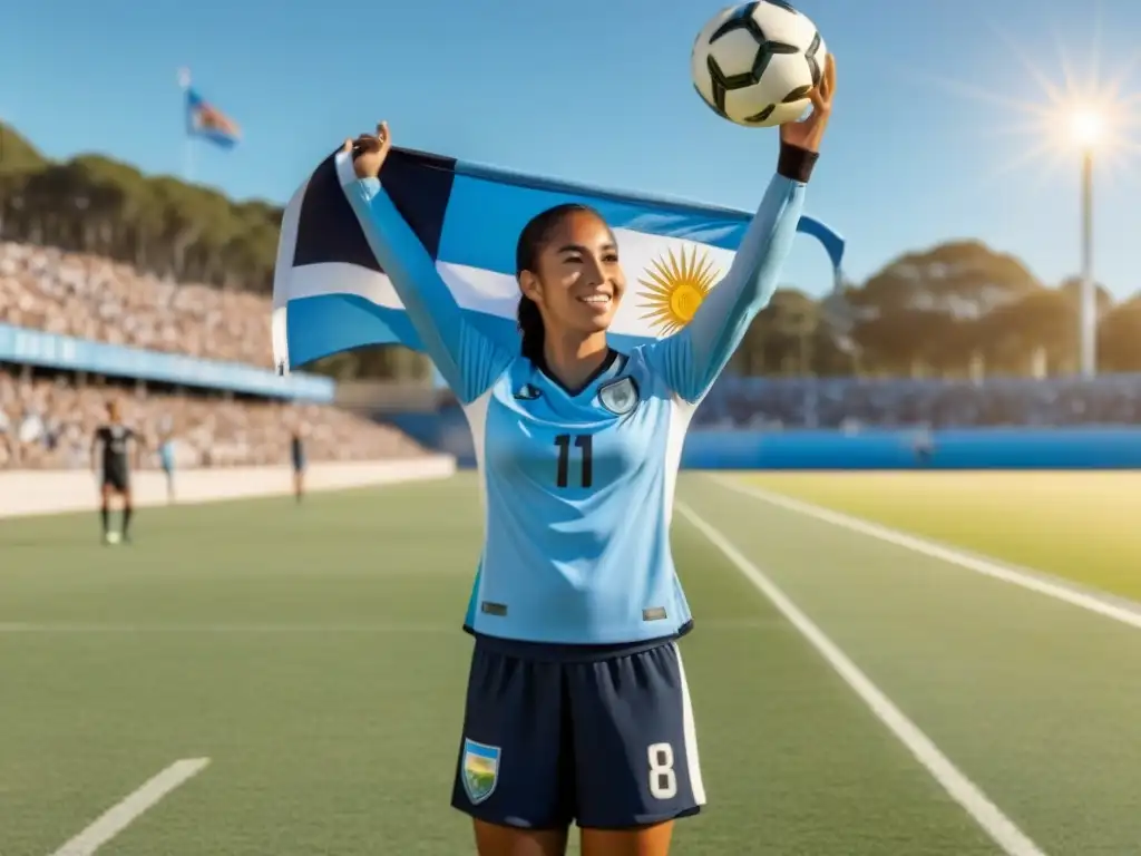 Un estudiante atleta en Uruguay, con uniforme deportivo moderno, sostiene un balón de fútbol bajo el sol brillante en un campo de fútbol impecable, con la bandera nacional de Uruguay ondeando con orgullo