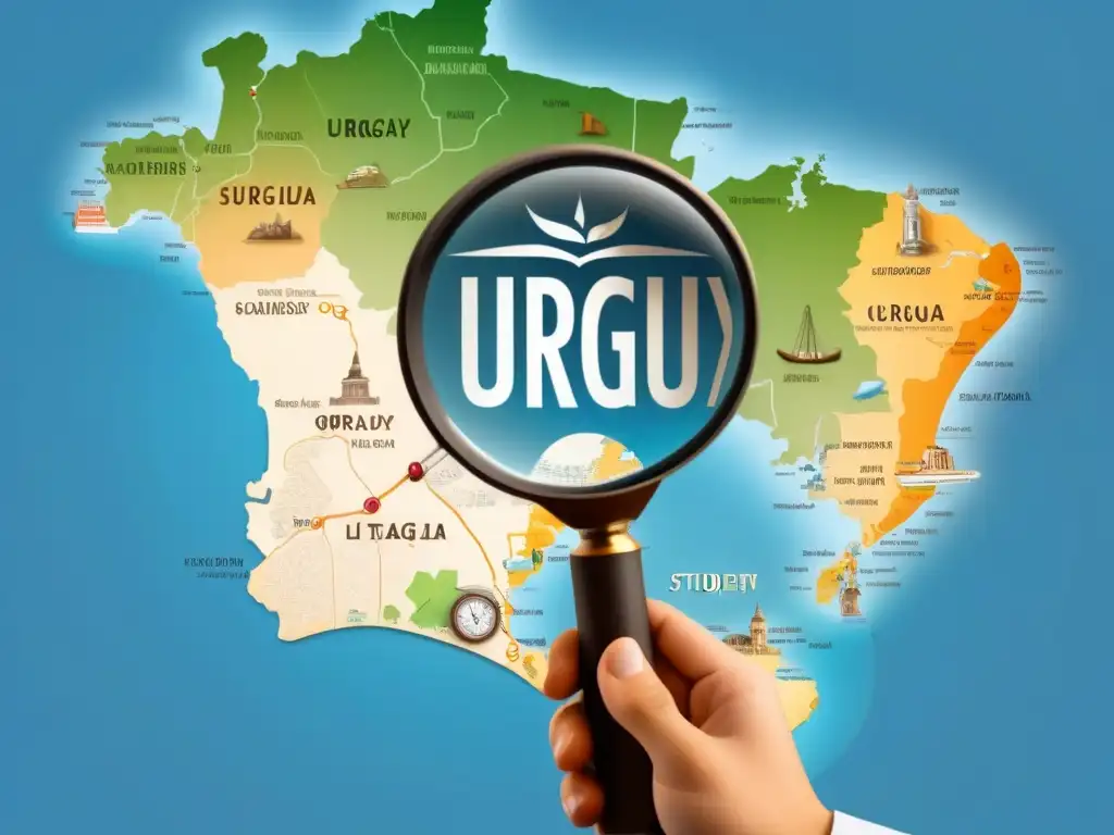 Estudiante busca becas de movilidad estudiantil en Uruguay, examinando mapa universitario