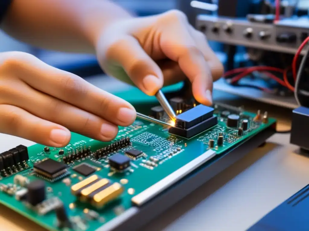 Un estudiante soldando circuitos en un dispositivo electrónico futurista en un taller moderno, historia educación técnica Uruguay