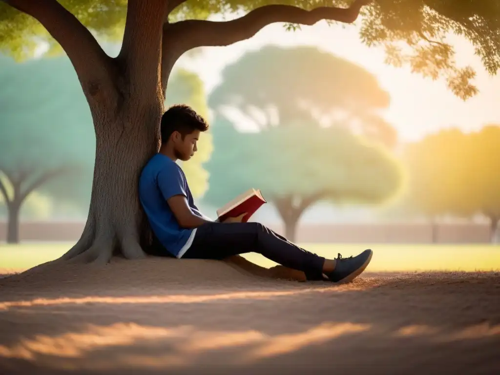 Estudiante concentrado bajo árbol: serenidad y estudio Estudiante concentrado bajo un árbol estudiando, con libros