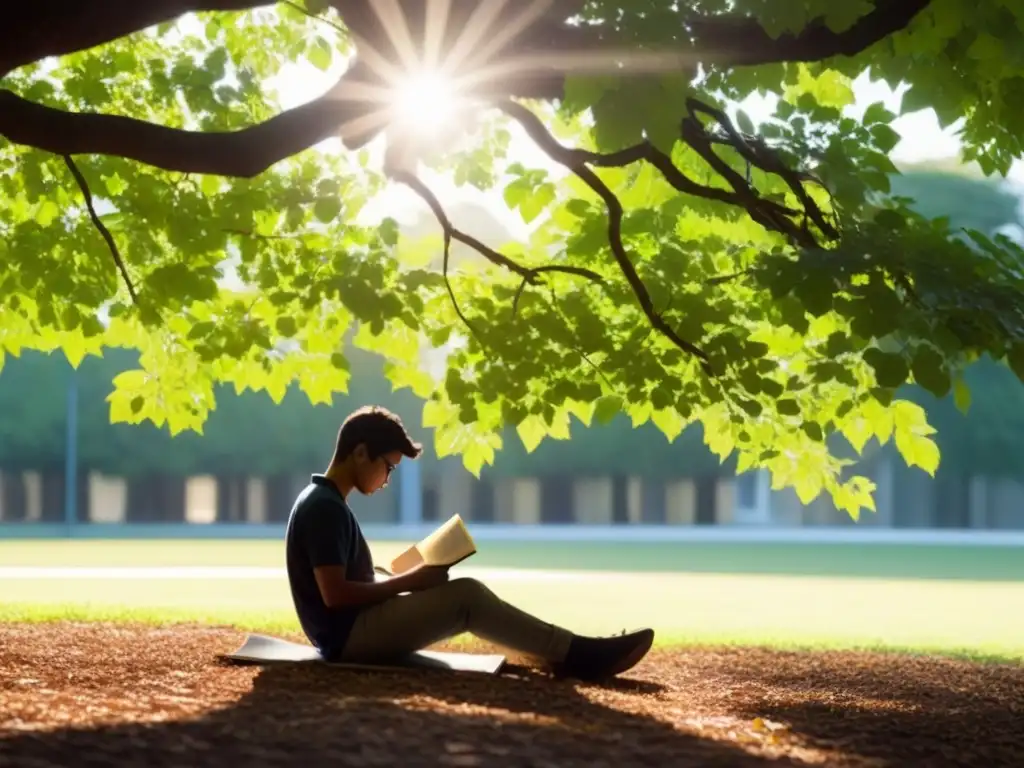 Un estudiante concentrado leyendo bajo un árbol, con luz solar filtrándose entre las hojas