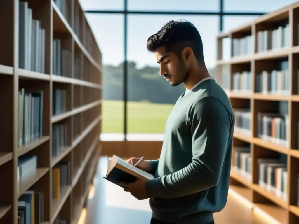 Un estudiante concentrado en una biblioteca moderna de Uruguay, rodeado de libros y luz natural