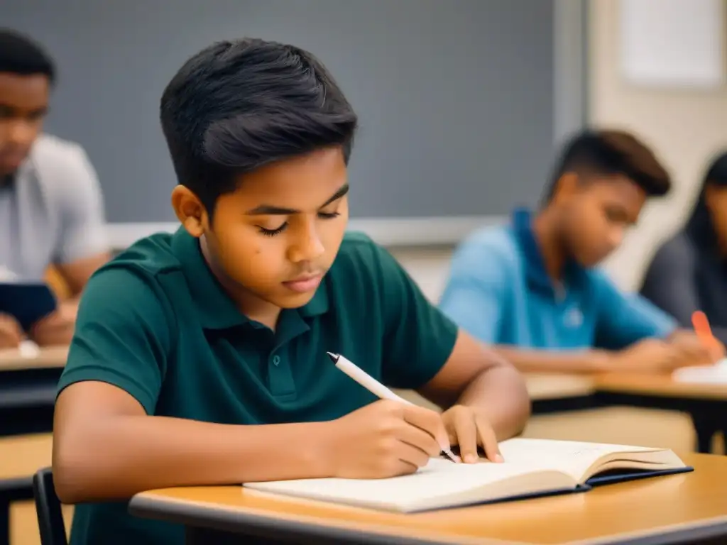 Estudiante concentrado escribiendo en un diario de campo, reflejando la evaluación educativa en Uruguay