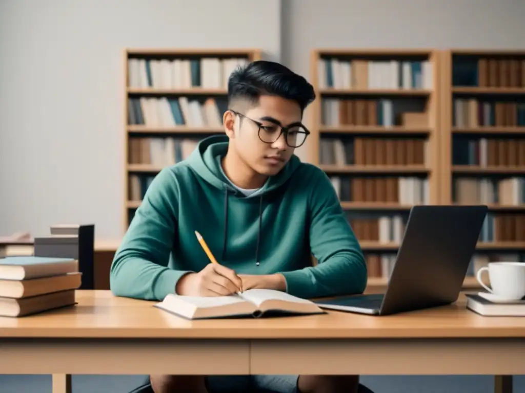 Estudiante concentrado en su escritorio con libros, laptop y café, reflejando determinación y calma