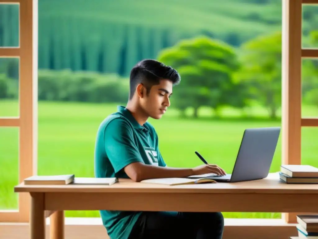 Estudiante concentrado en su escritorio de madera, rodeado de libros y laptop, mirando a través de la ventana un paisaje verde