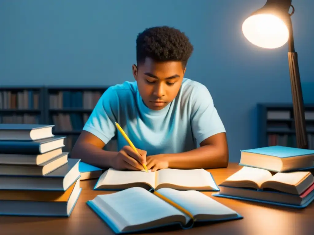 Estudiante concentrado estudiando en un escritorio ordenado, rodeado de libros y materiales de estudio, iluminado por una luz suave