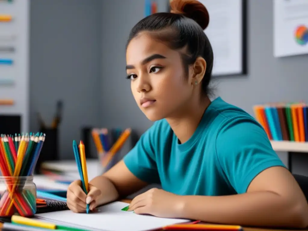 Un estudiante concentrado en su escritorio rodeado de herramientas artísticas, resalta la Importancia de la creatividad educativa